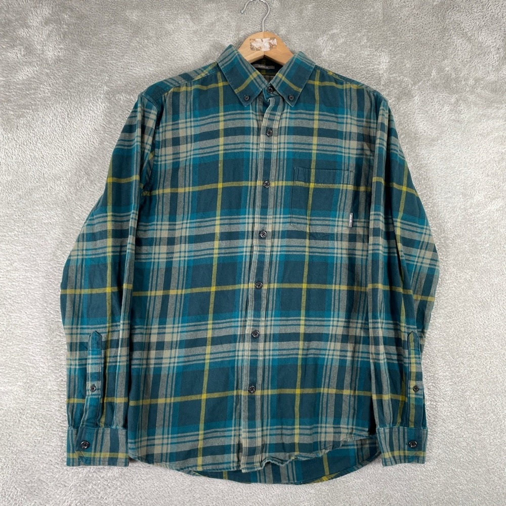 Eddie Bauer Flannel Button‎ Down Mens Medium Teal Plaid Classic Fit Long Sleeve